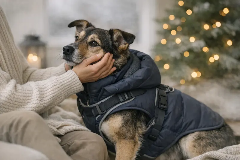 Ein Hund in einem warmen Mantel genießt die ruhige Feiertagsstimmung.
