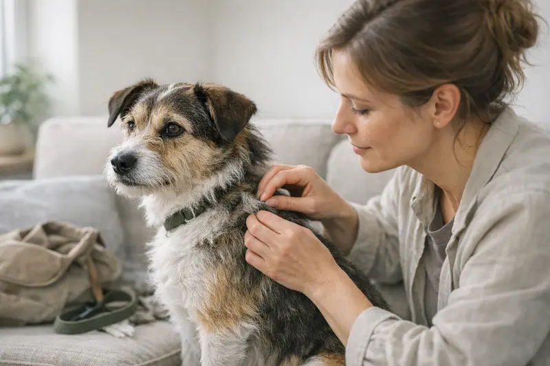 Ein Hund nach dem Spaziergang, der sorgfältig auf Zecken und das Fell kontrolliert wird.