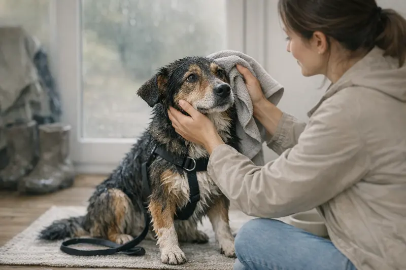 Nasser Hund, der nach dem Regen von einem Spaziergang zurückkehrt