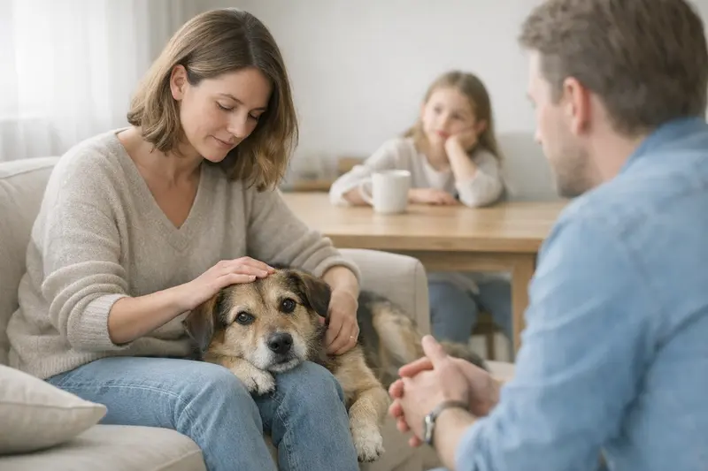 Ein Hund begleitet seine Familie im Park und steht für Zusammenhalt und Verantwortung.