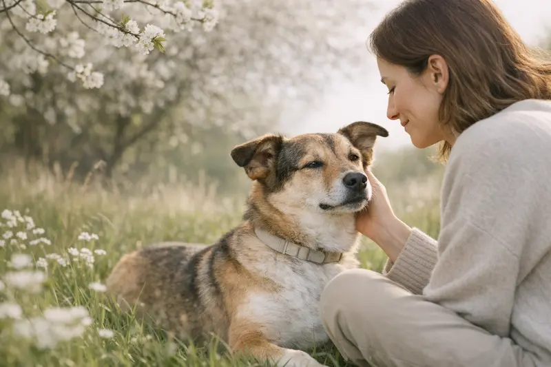 Ein glücklicher Hund und eine entspannte Katze genießen die Frühlingssonne in einem blühenden Garten.