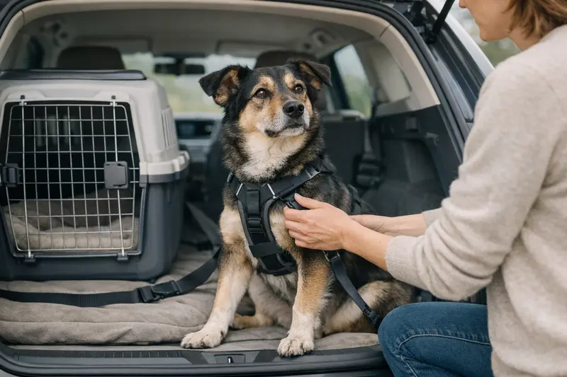 Ein reisefertiger Hund in einem Auto mit Geschirr und Transportbox, symbolisiert Vorbereitung und Sicherheit auf Reisen.