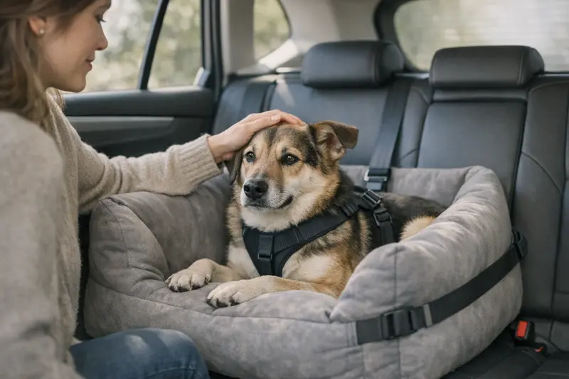 Ein ruhiger Hund sitzt sicher auf der Rückbank eines Autos und genießt die Fahrt.