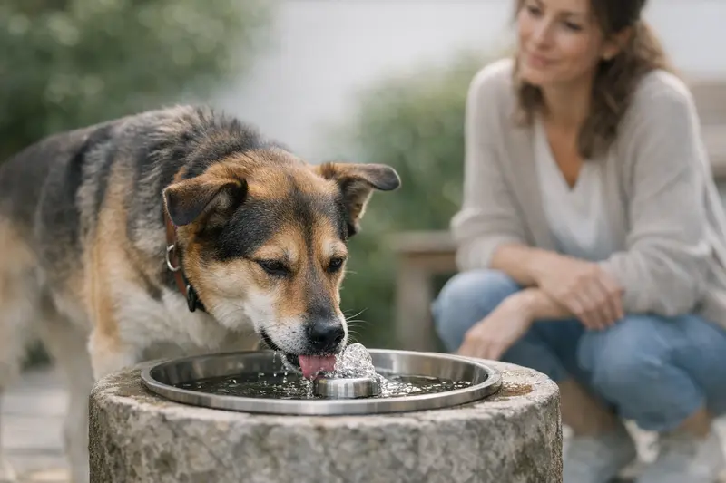Ein entspannter Hund trinkt aus einem frischen Wassernapf und vermittelt ein Gefühl von Ruhe und Wohlbefinden.