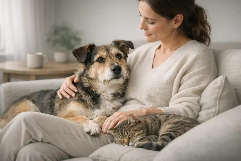 Ein Hund und eine Katze entspannen gemeinsam in einem gemütlichen Wohnraum.