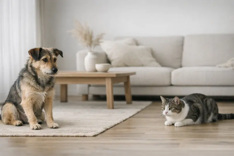 Ein Hund und eine Katze sitzen in ruhiger Umgebung und halten Abstand zueinander, was eine sichere Annäherung symbolisiert.