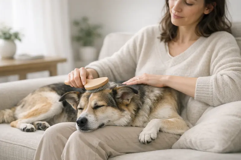 Ein ruhiger Hund wird in einer sauberen Umgebung gebürstet, was Vertrauen und Pflege zeigt.