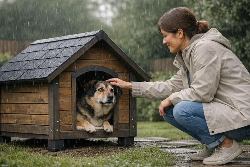 Hochwertige Hundehütte im Garten mit besonderem Fokus auf das wetterfeste Dach und den Bodenabstand.