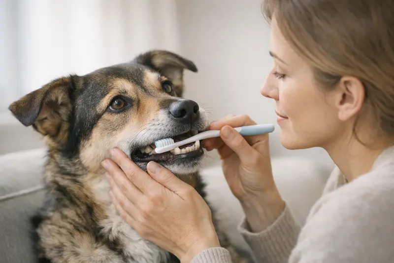 Ein ruhiger Hund zeigt seine Zähne während einer Zahnpflege-Situation.