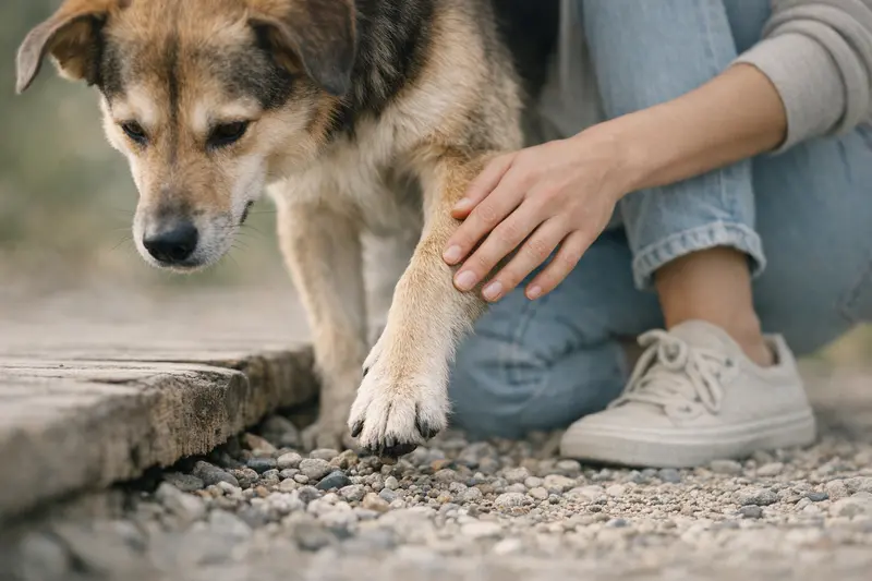 Ein Hund läuft auf einem Waldweg, seine Pfote hinterlässt Spuren im Sand.