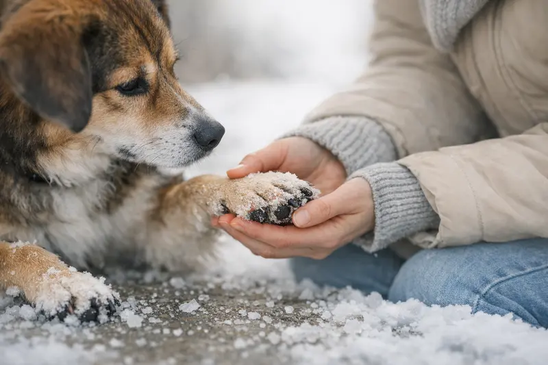Eine Hundepfote im Schnee, die auf Streusalz hinweist und die Bedeutung der Pflege für Hundepfoten im Winter verdeutlicht.