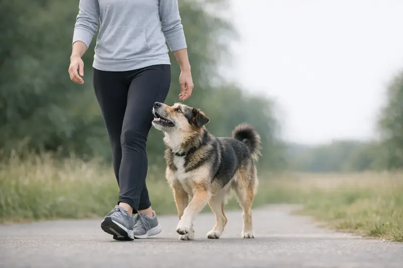 Ein Hund und sein Halter üben kontrollierte Fußarbeit als gelenkschonende Sportübung.