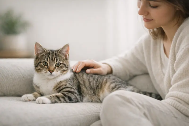 Eine junge Katze, die ruhig in der Übergangsphase zur erwachsenen Katze sitzt, vermittelt das Thema Pubertät.