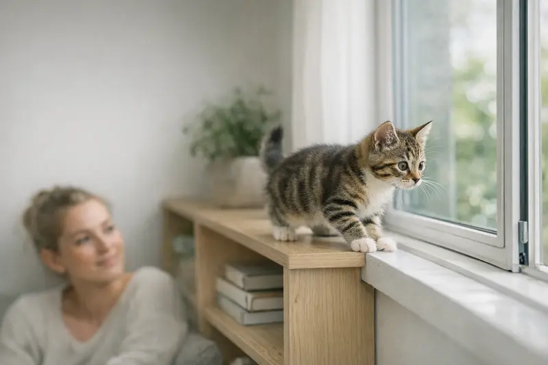Eine junge Katze erkundet neugierig einen Baumstamm und zeigt ihre Entdeckerfreude.