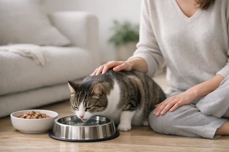 Eine gesunde Katze trinkt Wasser aus ihrer Schale neben einem Fressnapf.