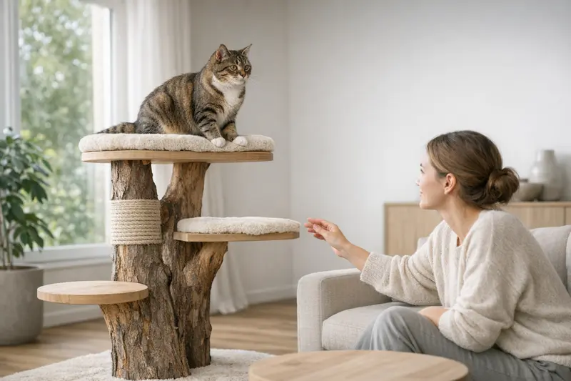 Eine Katze erkundet sicher einen stabilen Naturstamm-Kratzbaum in einer modernen Wohnung.