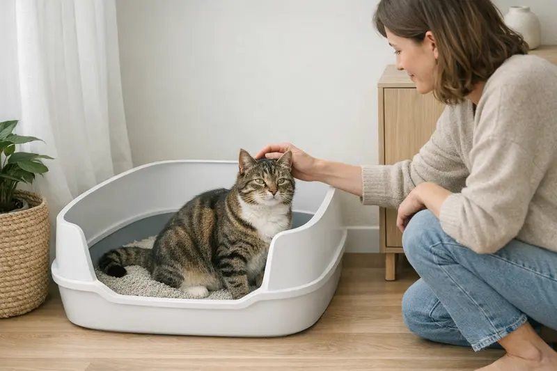 Eine beruhigende Szene mit einer Katze, die in einer offenen Toilette sitzt und sich sicher fühlt.