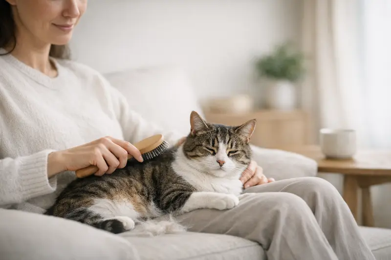 Eine ruhige Katze bei der Fellpflege, die Ruhe und Sorgfalt ausstrahlt.
