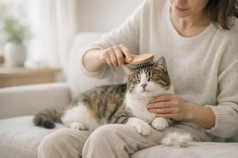 Eine Katze genießt die Fellpflege durch ihre Halterin mit einer Bürste.