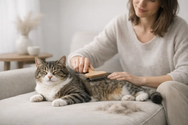 Eine entspannte Katze wird während des Fellwechsels sanft gebürstet.