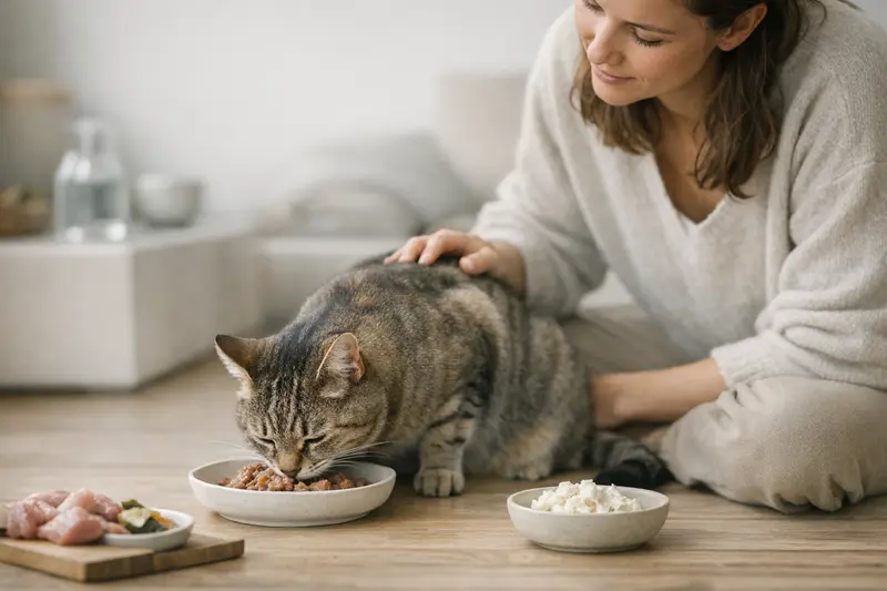 Kleine Katze frisst aus einem eleganten Napf eine ausgewogene Mahlzeit und zeigt Interesse am Futter.