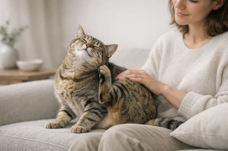 Katze beim sorgfältigen Kratzen zeigt Anzeichen von Juckreiz und Fellpflege.