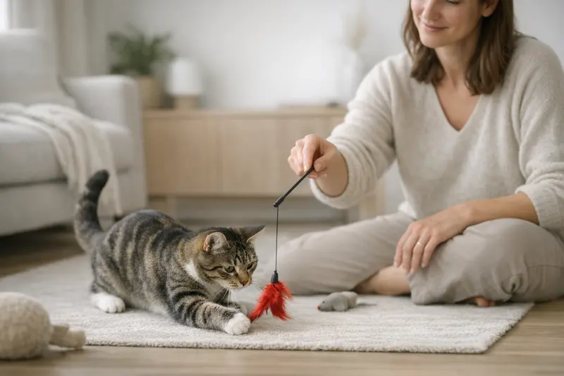 Verspielte Katze mit Ball in einem sicheren Raum.