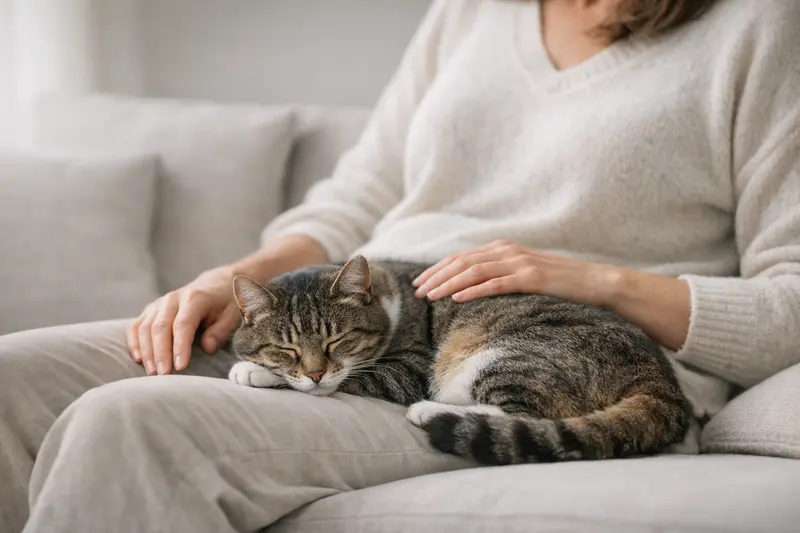 Eine entspannte Katze liegt auf dem Schoß ihres Halters und genießt Nähe und Geborgenheit.