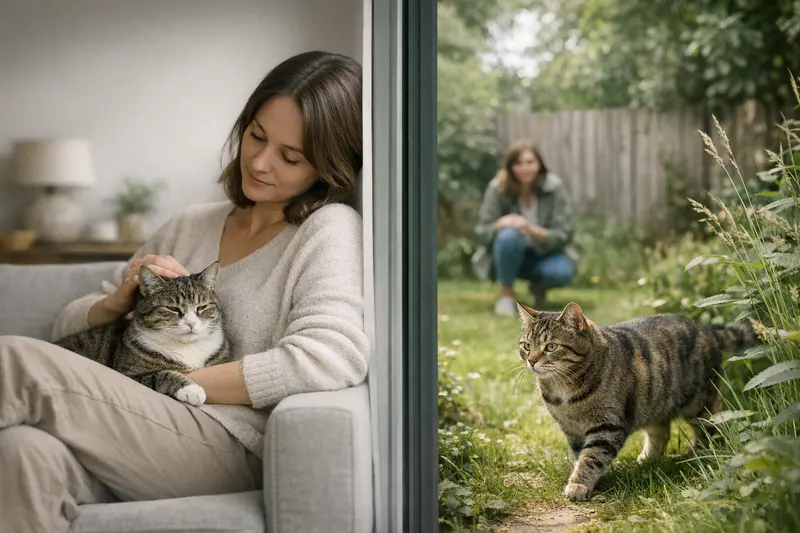 Eine Katze, die entspannt in einem modernen Wohnzimmer sitzt, während im Hintergrund ein Fenster mit Blick auf den Garten zu sehen ist.