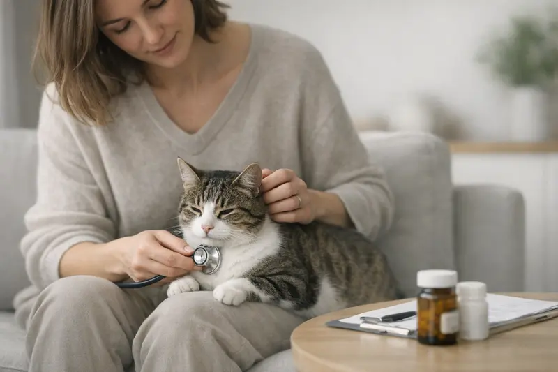 Eine entspannte Katze auf einem Fensterbrett in einem modernen Wohnzimmer, die für eine vertrauensvolle Vorsorge thematisiert.