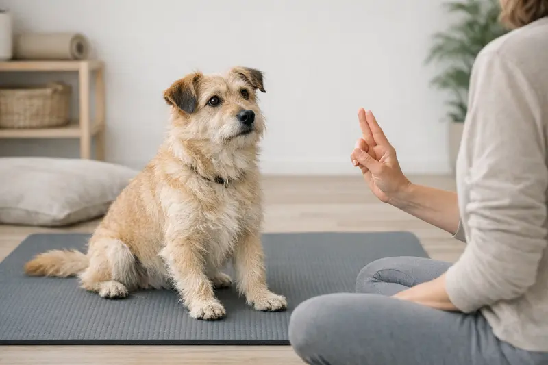 Eine Katze übt in einem ruhigen Trainingssetting mit rutschfestem Untergrund und klarer Handgeste.