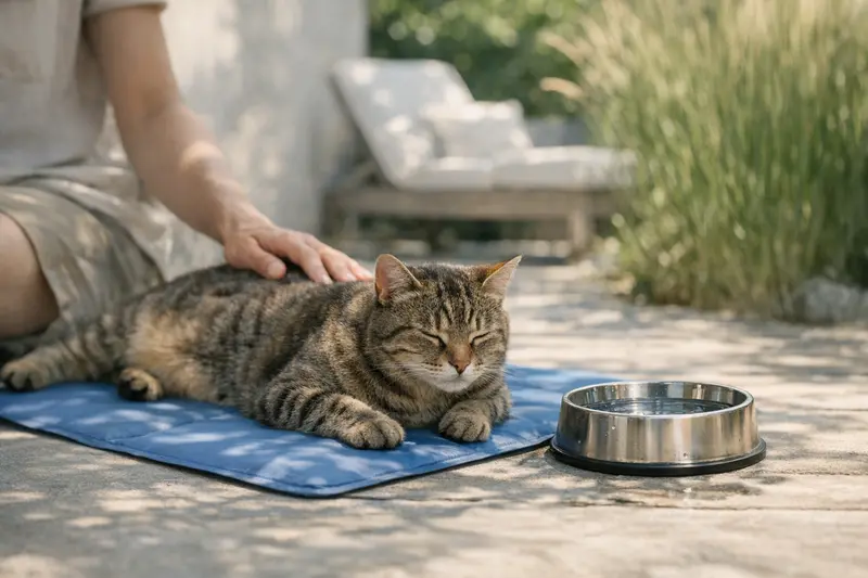 Eine entspannte Katze liegt im Schatten auf einer Kühlmatte mit einem Wassernapf daneben.