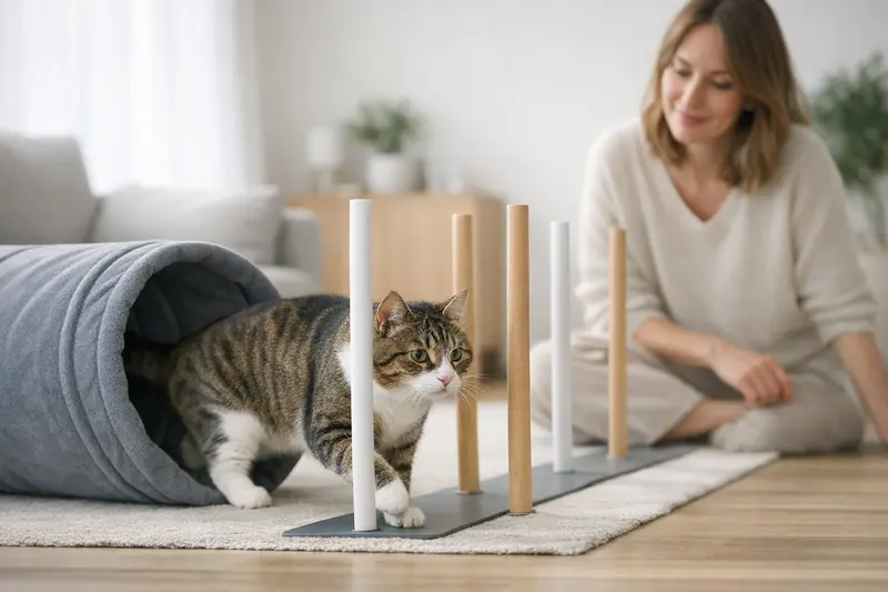 Eine glückliche Katze, die einen Indoor-Parcours mit Tunnel und Slalom durchläuft.