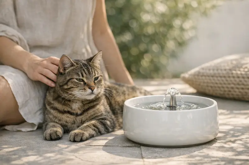 Eine Katze sitzt im schattigen Garten neben ihrem Wassernapf und genießt die kühle Brise an einem heißen Sommertag.