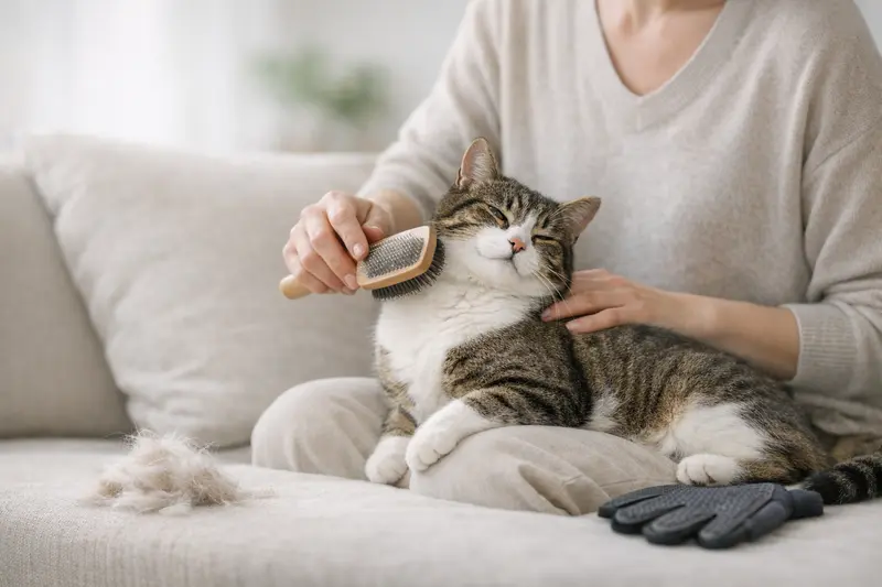 Eine Katze wird gebürstet, während sie ihr Fell wechselt, was lose Haare zeigt.