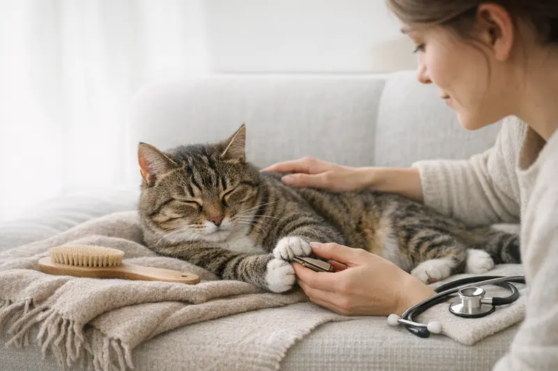 Eine ruhige Katze wird sorgfältig gepflegt, während ihre Pfoten und ihr Fell im Fokus stehen, was die Bedeutung der richtigen Pflege verdeutlicht.