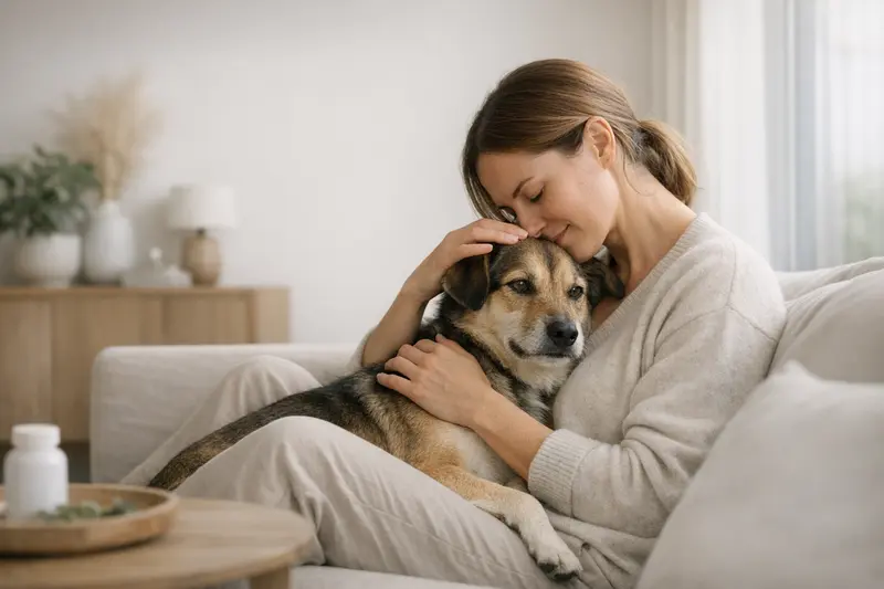 Eine ruhige Katze in einem liebevoll gestalteten Raum, der Fürsorge und Gesundheit ausstrahlt.