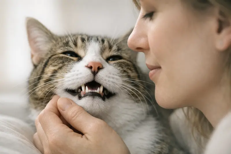 Nahaufnahme einer entspannten Katze mit Fokus auf Maul- und Zahnbereich, die die Mundgesundheit thematisiert.