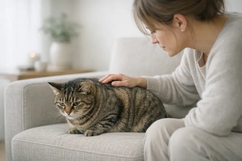 Eine Katze in kauernder Haltung zeigt subtile Körpersprache in einer ruhigen Umgebung.