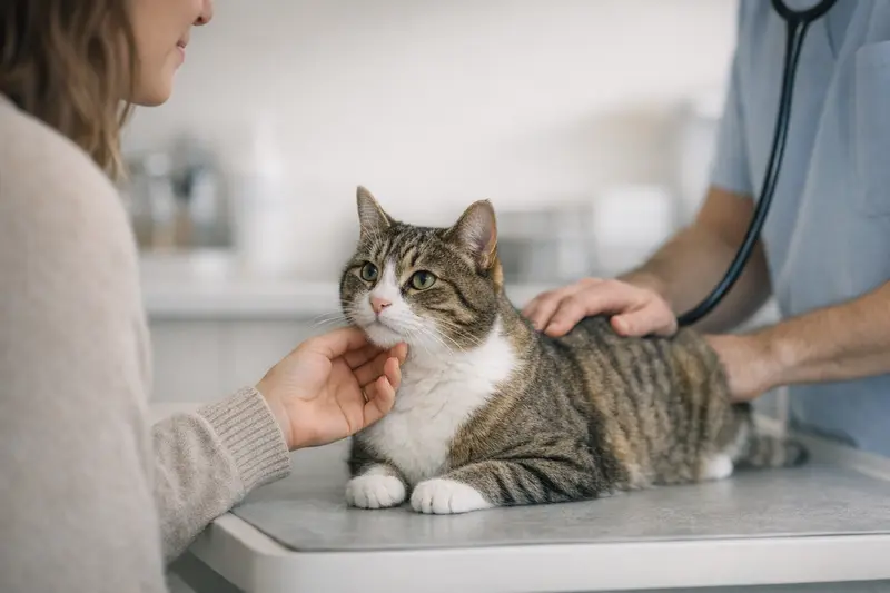 Eine vertrauensvolle Katze wird in einer ruhigen Untersuchungssituation beim Tierarzt betreut.