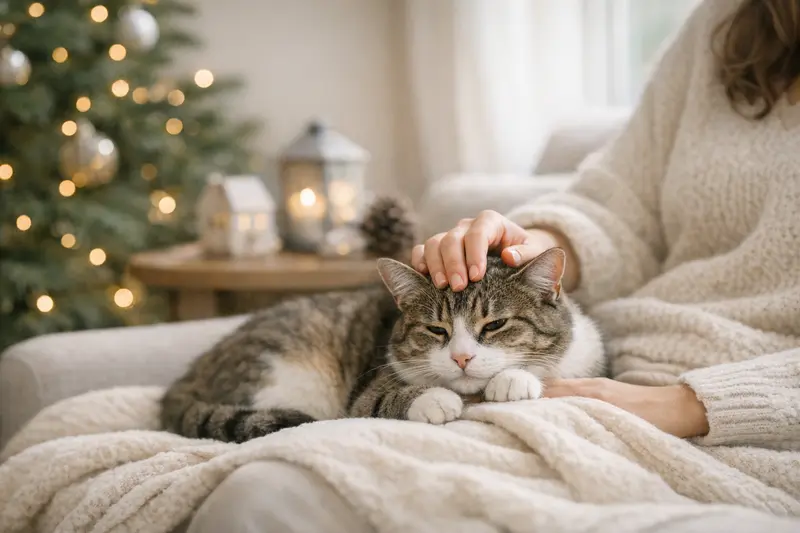 Eine ruhige Katze sitzt in einer festlich dekorierten Umgebung und strahlt Vertrauen aus.