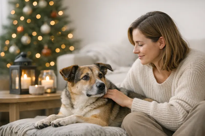 Eine entspannte Katze in einer sicheren Adventsdekoration ohne frei liegende Bänder