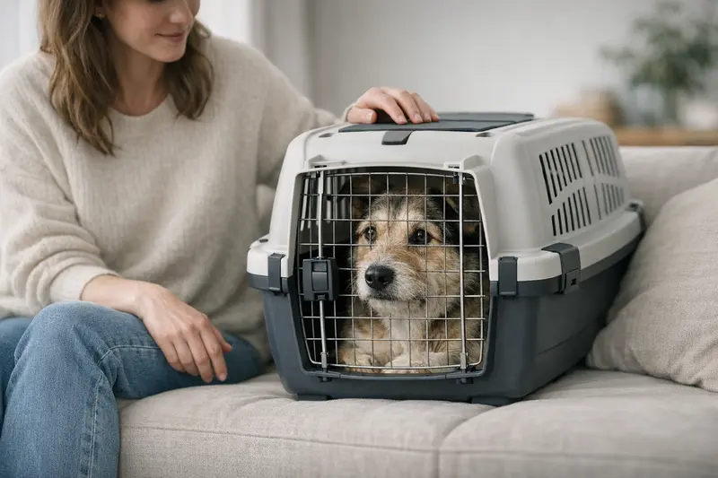 Eine Katze entspannt in einer stabilen, gut belüfteten Transportbox in ruhiger Umgebung.