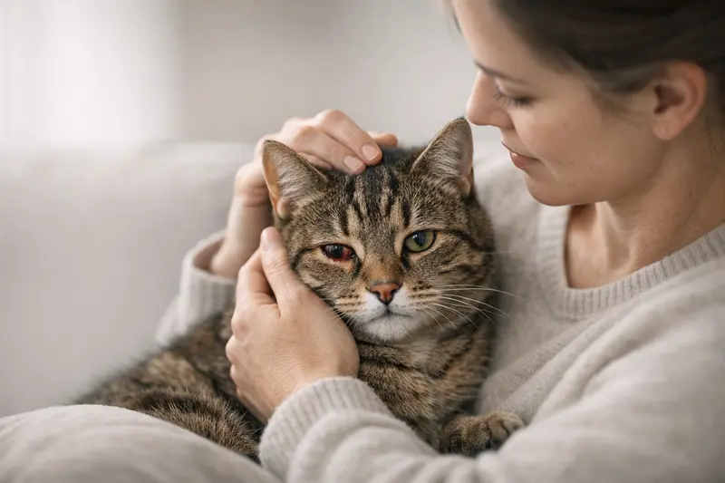 Eine gesunde Katze mit intensivem Blick, deren Augenbereich dezent hervorgehoben ist, um das Thema Augenentzündung zu thematisieren.