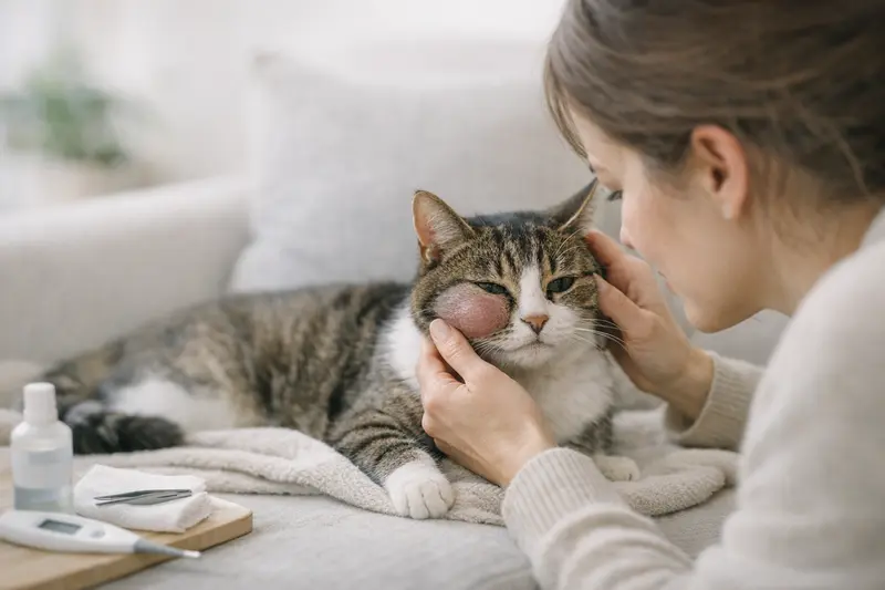 Eine Katze mit einer Schwellung am Bein in einem ruhigen, sicheren Umfeld.