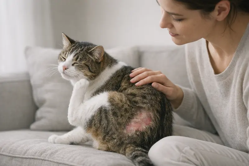 Eine ruhige Katze mit gesundem Fell, die auf Juckreiz und Haarausfall untersucht wird.