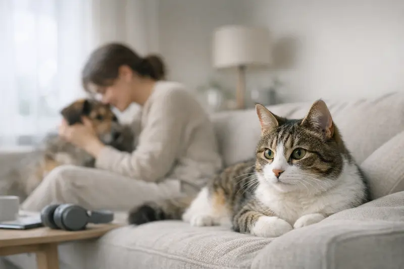 Eine Katze mit gespannten Ohren in einem ruhigen Wohnraum, die auf Geräusche reagiert.