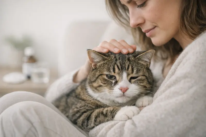Eine Katze mit leicht tränenden Augen, die typische Symptome für eine mögliche Gesundheitseinbuße zeigt.