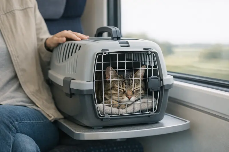 Eine ruhige Katze sitzt in einer geschlossenen Transportbox im Zug, verkörpert Sicherheit.