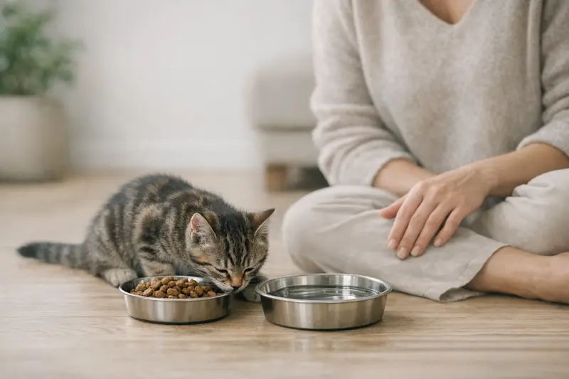 Ein Kätzchen sitzt am Futternapf und Wassernapf und zeigt, wie wichtig die Ernährung von Anfang an ist.